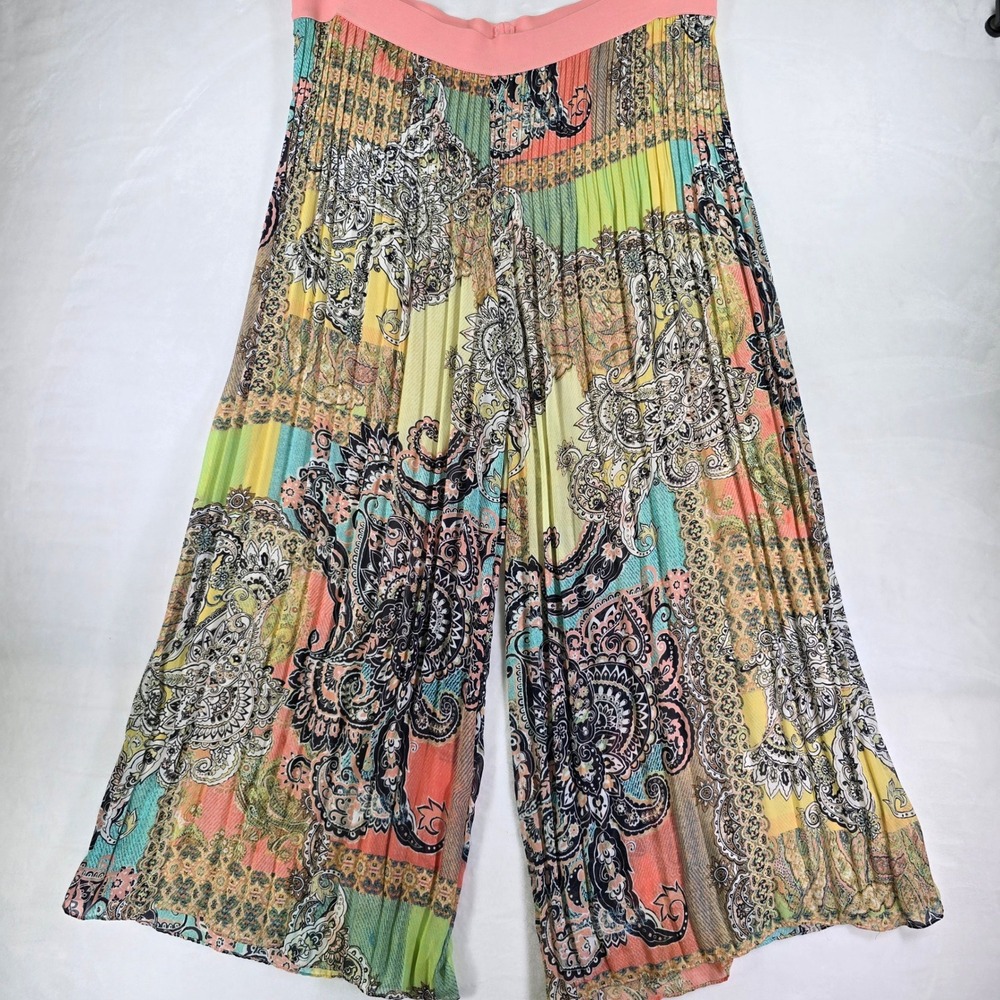 Melissa Paige Paisley Pleated Wide Leg Pants Womens XL Multicolor Boho Lined
